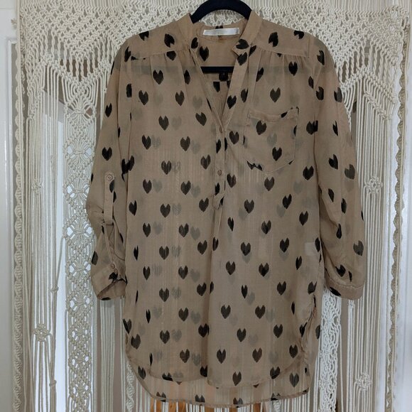 Fun 2 Fun Tan Heart Print Blouse - Picture 1 of 11